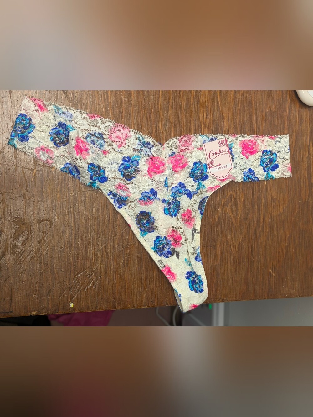Candie's Large White Lace Thong Panty with Blue and Pink Floral Print